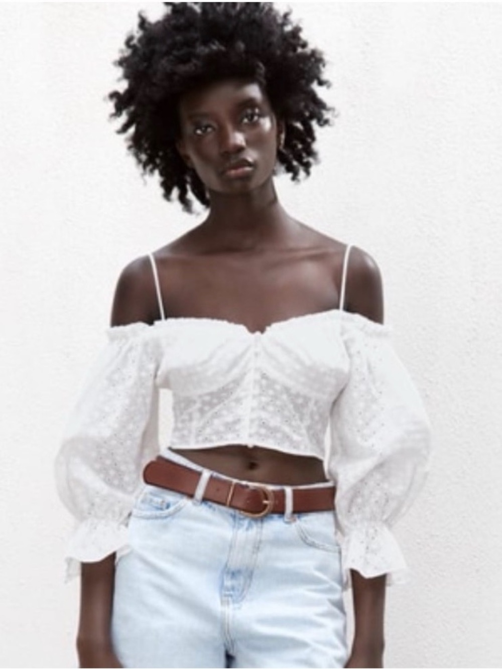Zara Swiss Dot off Shoulder Button Front Crop Top